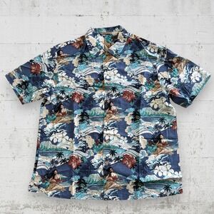 Paradise Collection Mens Hawaiian Aloha Camp Shirt 100% Silk Blue Hula XL Loop